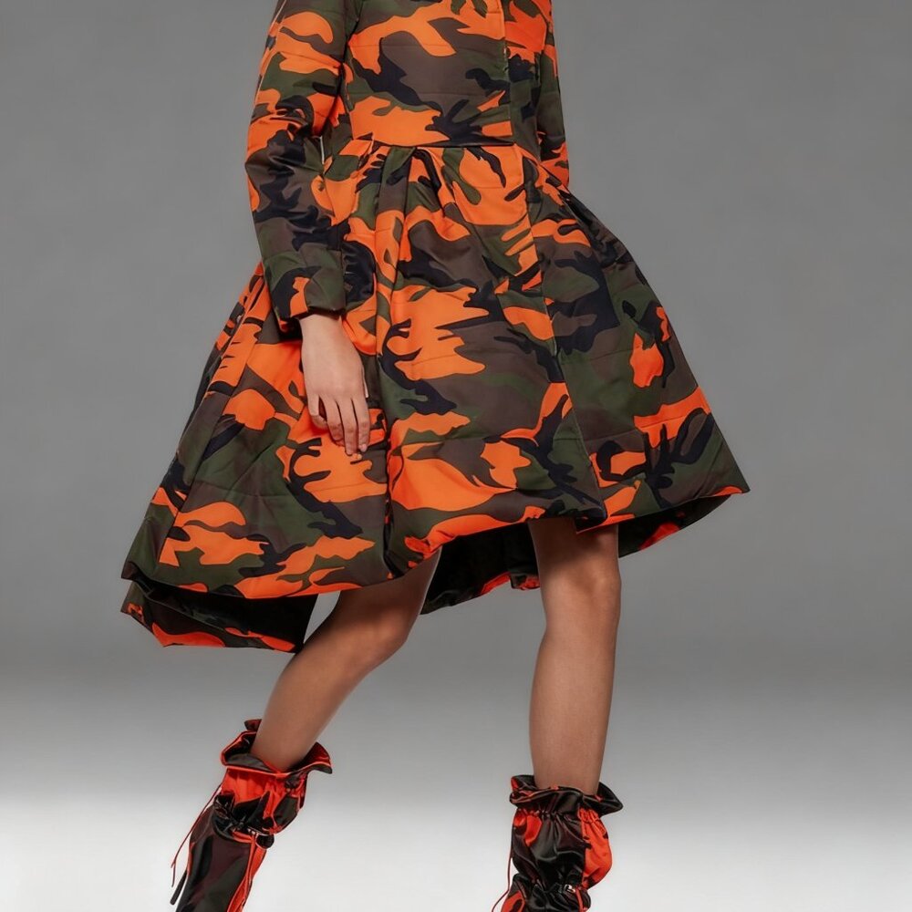 Orange Camo Puffer Coat - High Collar With Cinched Waist & Asymmetric Hem - Picture 3 of 4